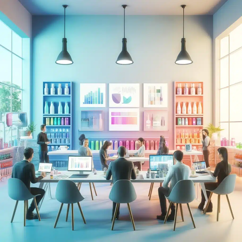 Modern office scene at Cool Creative Company, featuring a team of designers and data analysts working collaboratively around a table. The workspace is adorned with soft pastel colors, enhancing a creative and detail-oriented atmosphere. High-end technology like laptops and digital tablets are in use, with visible graphs and data analytics on the screens, reflecting the company's commitment to innovation and data-driven decision making.